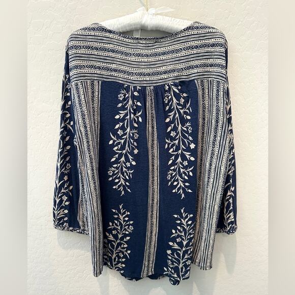 LUCKY BRAND | Boho Floral Stripe Peasant Top Blue White Tunic Plus Size | 1X - Picture 5 of 6